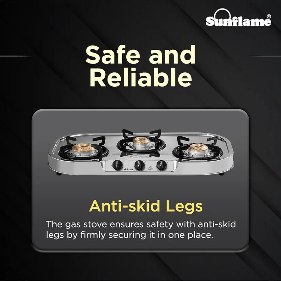 Sunflame 3 Burner Gas Stove | Curved Edges Stainless Steel Body 