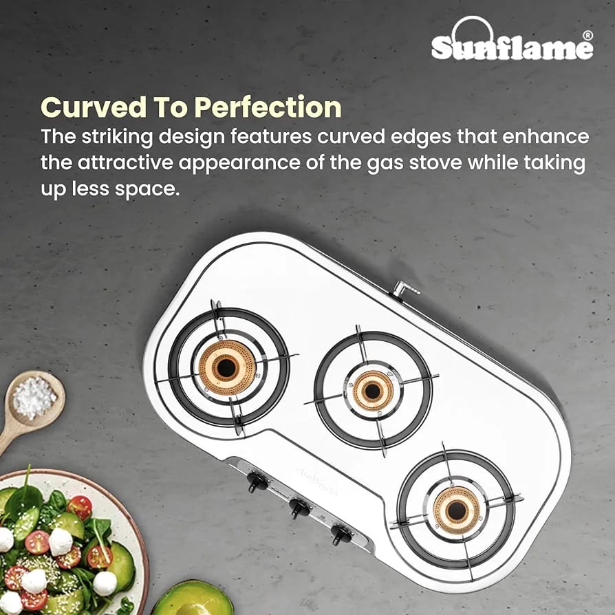 Sunflame 3 Burner Gas Stove | Curved Edges Stainless Steel Body 