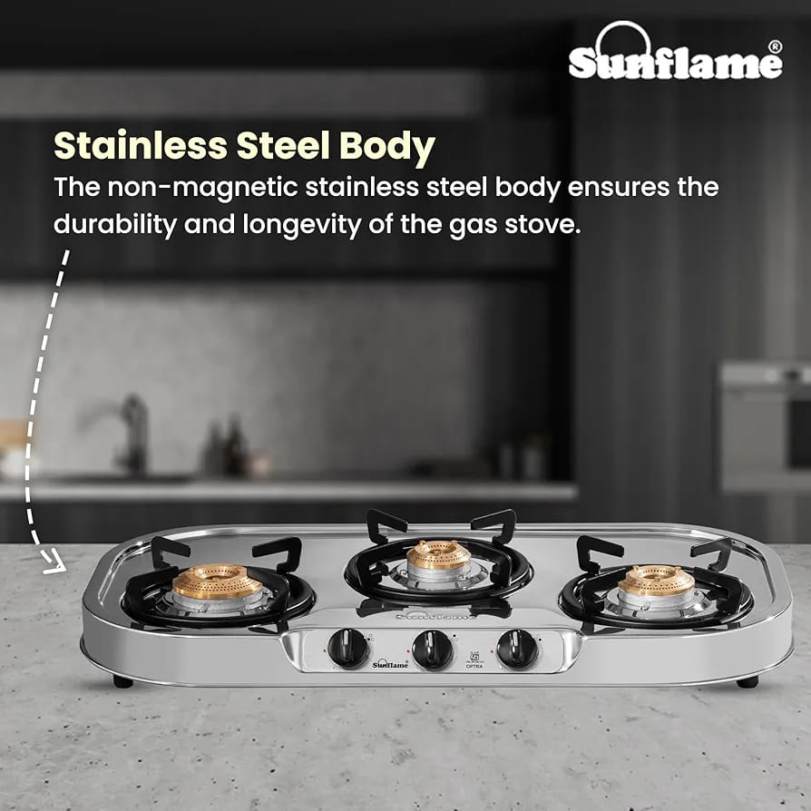 Sunflame 3 Burner Gas Stove | Curved Edges Stainless Steel Body 