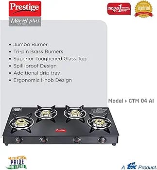 Prestige Marvel Plus Gas Stove GTM 04 - Black, Manual, 4 Burner (40291)