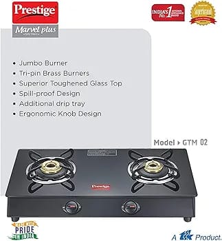 Prestige Marvel Glass Top 2 Burner Gas Stove, Manual Ignition, Black (40110)