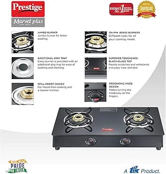 Prestige Marvel Glass Top 2 Burner Gas Stove, Manual Ignition, Black (40110)