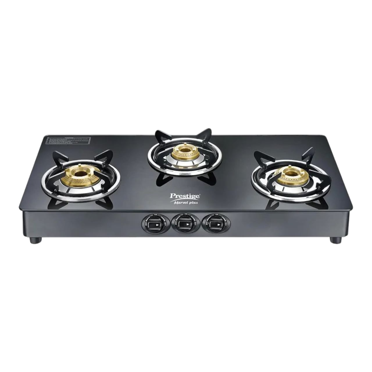 Prestige Marvel Plus Stainless Steel 3 Burner Glass Top Manual Gas Stove, Black, GTM 03 (40207)