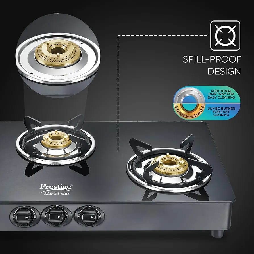 Prestige Marvel Plus Stainless Steel 3 Burner Glass Top Manual Gas Stove, Black, GTM 03 (40207)