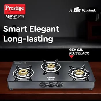 Prestige Marvel Plus Stainless Steel 3 Burner Glass Top Manual Gas Stove, Black, GTM 03 (40207)