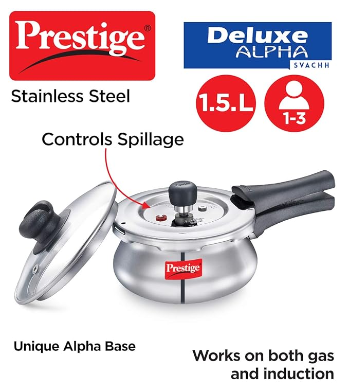 Prestige Deluxe Alpha Svachh Stainless Steel Pressure Cooker 1.5L With Glass Lid 