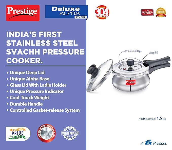Prestige Deluxe Alpha Svachh Stainless Steel Pressure Cooker 1.5L With Glass Lid 