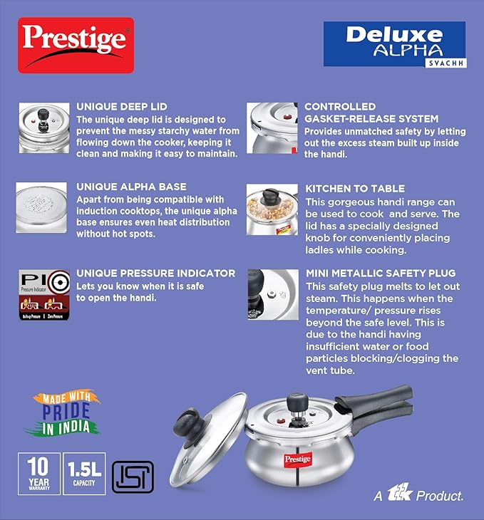 Prestige Deluxe Alpha Svachh Stainless Steel Pressure Cooker 1.5L With Glass Lid 