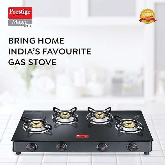Prestige Magic plus Toughened Glass-Top(Long)4 Brass Burner LPG Gas Stove (GTMP-04L)