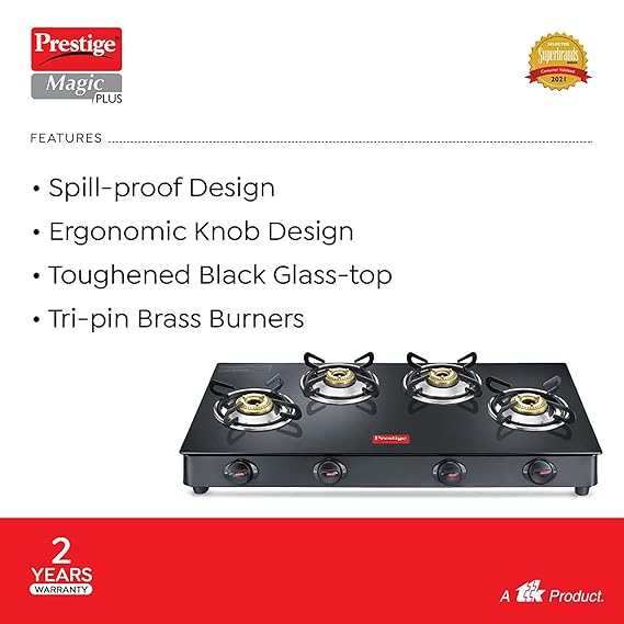 Prestige Magic plus Toughened Glass-Top(Long)4 Brass Burner LPG Gas Stove (GTMP-04L)