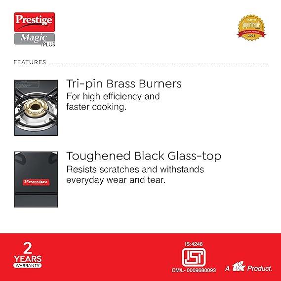 Prestige Magic plus Toughened Glass-Top(Long)4 Brass Burner LPG Gas Stove (GTMP-04L)