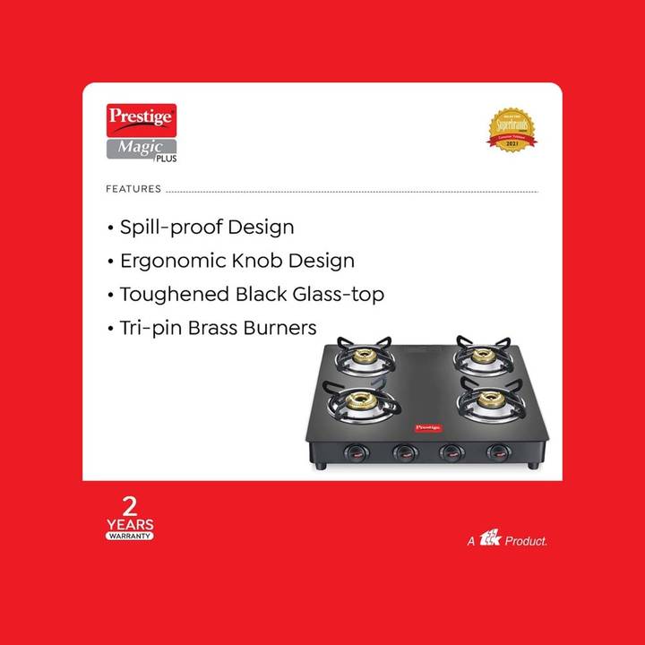 Prestige 4 Burner Magic Plus Manual Ignition Gas Stove (Black) GTMP 04 SQ (40510)