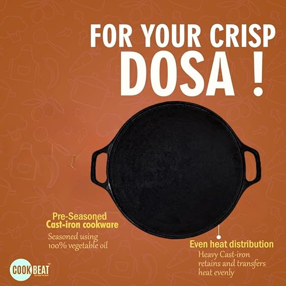 Cookbeat Pre-Seasoned Cast Iron Dosa Tawa 12 Inch 