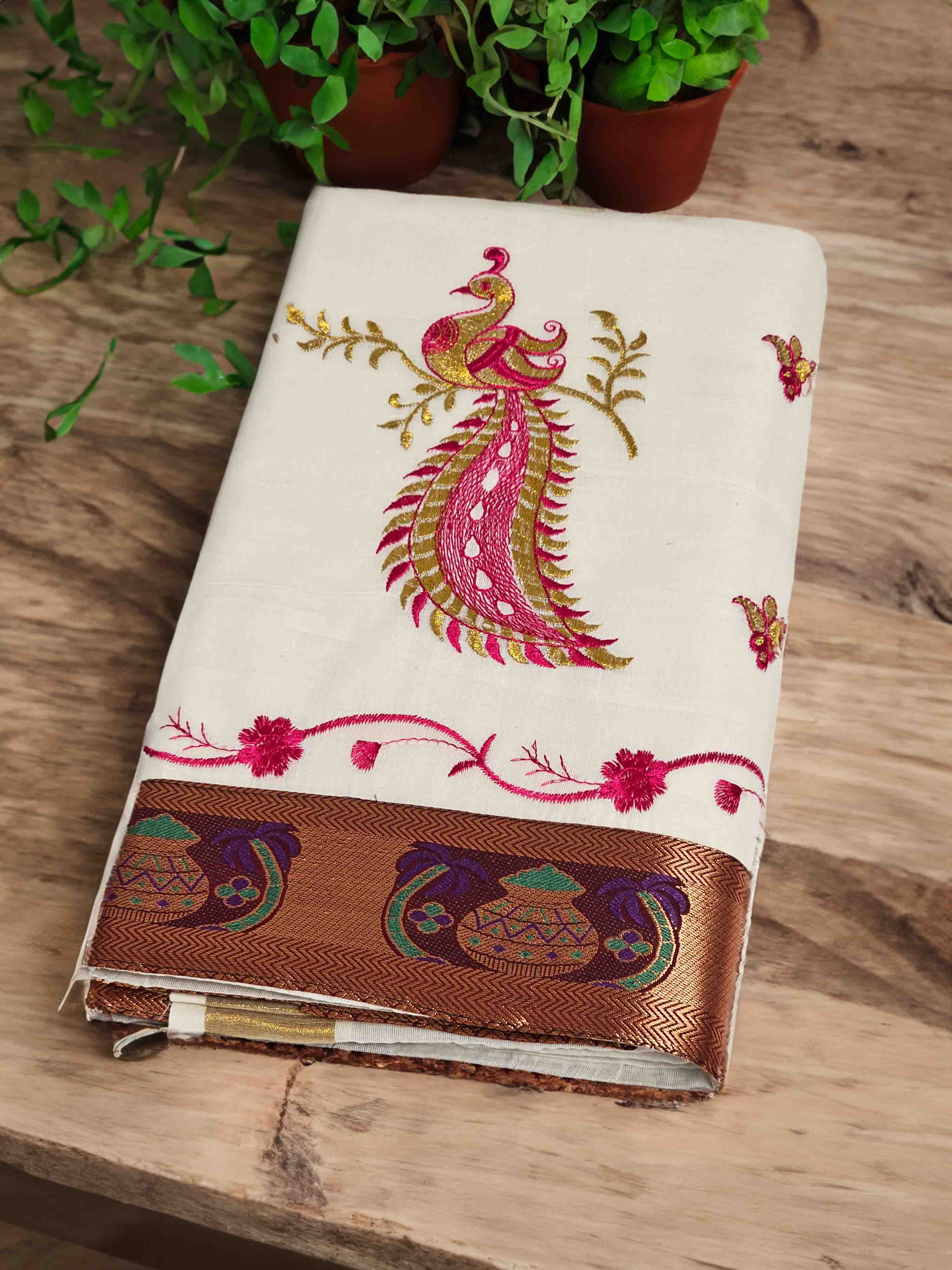 Embroidered Saree with peacock design