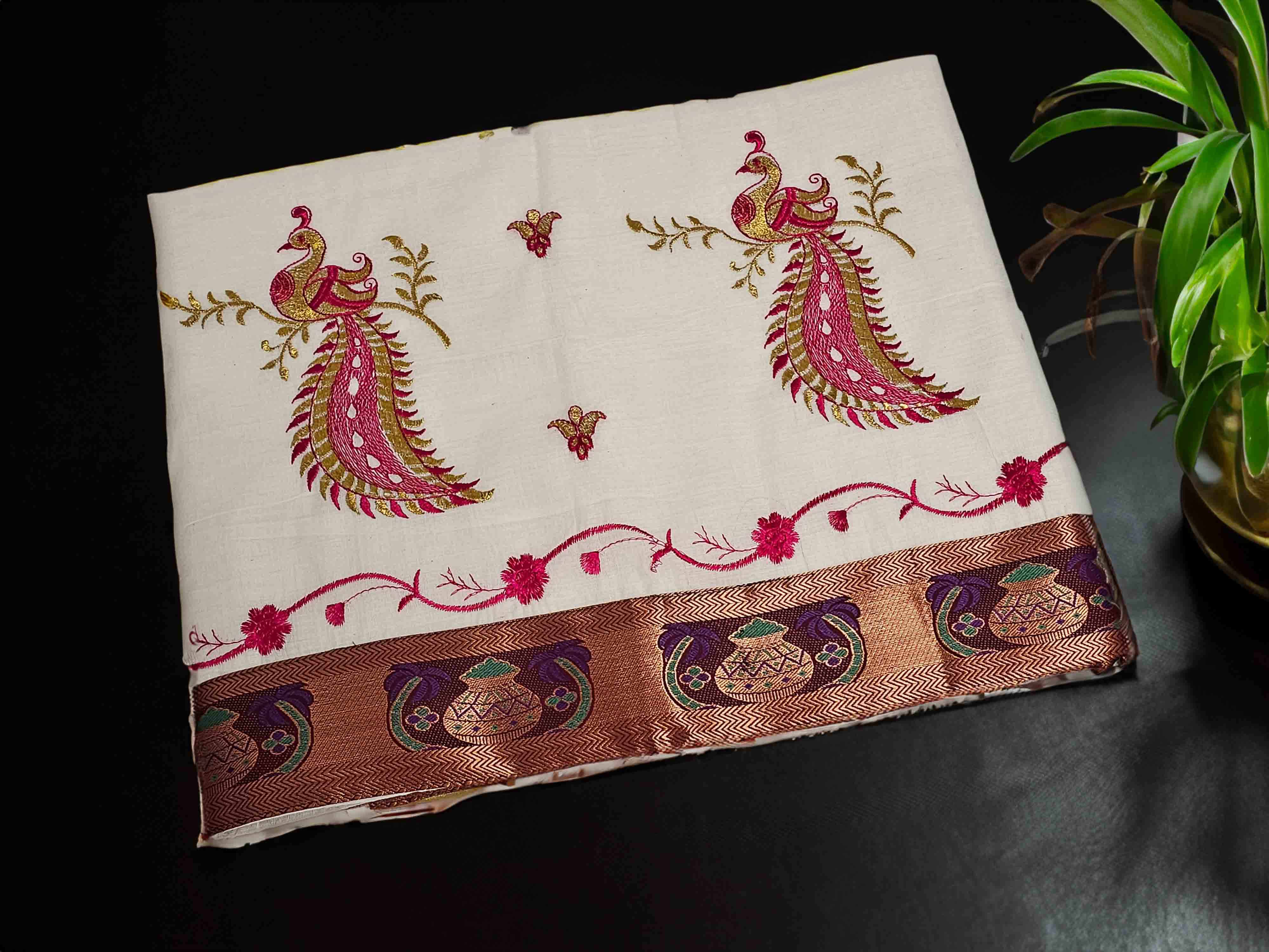 Embroidered Saree with peacock design