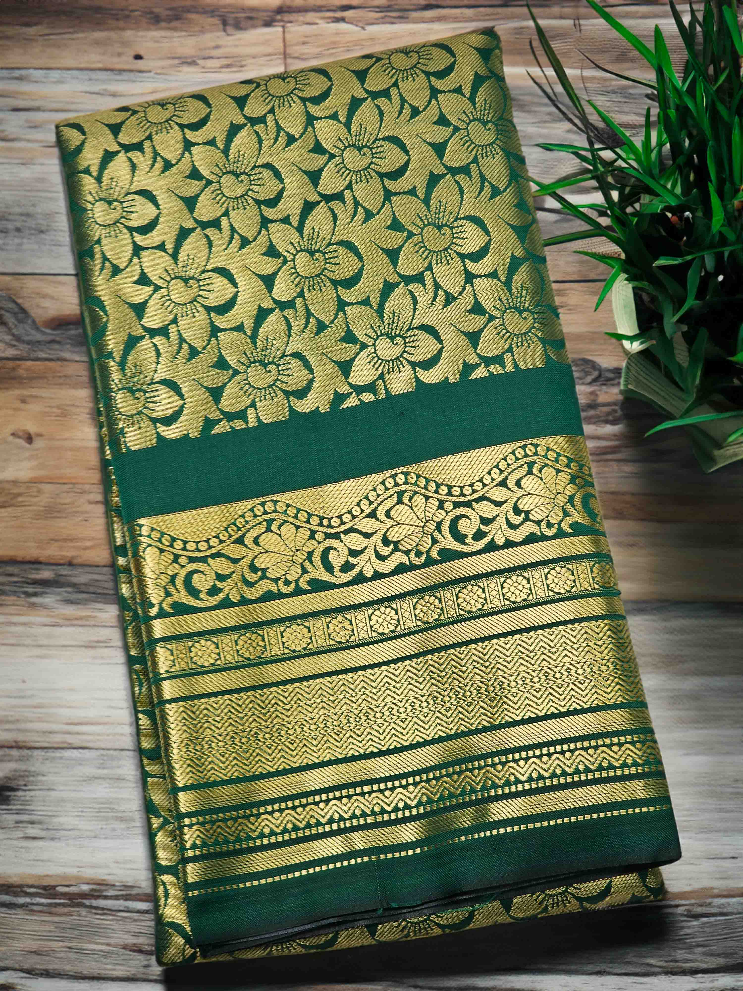 Green and gold floral silk saree
