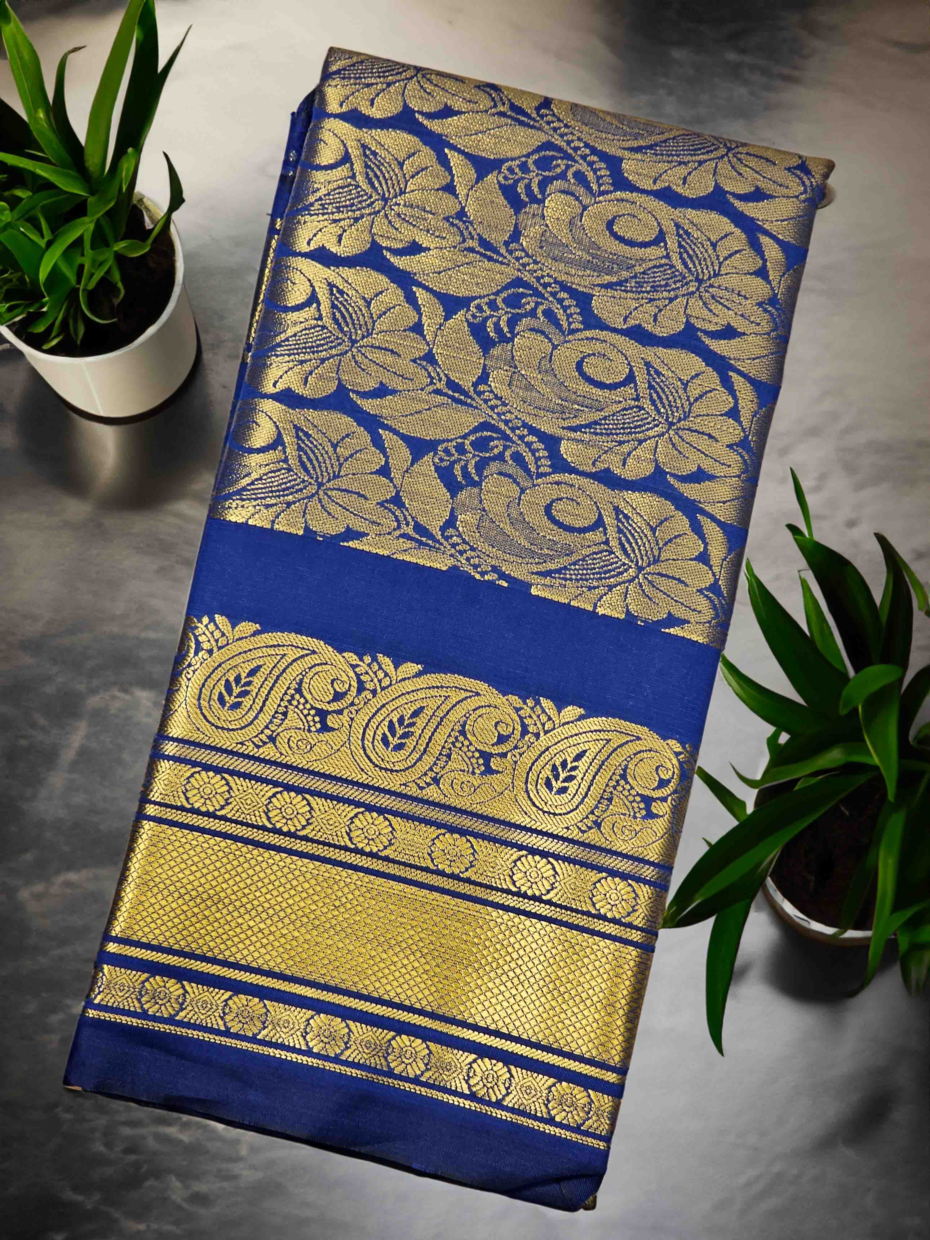 Blue and gold floral pattern saree