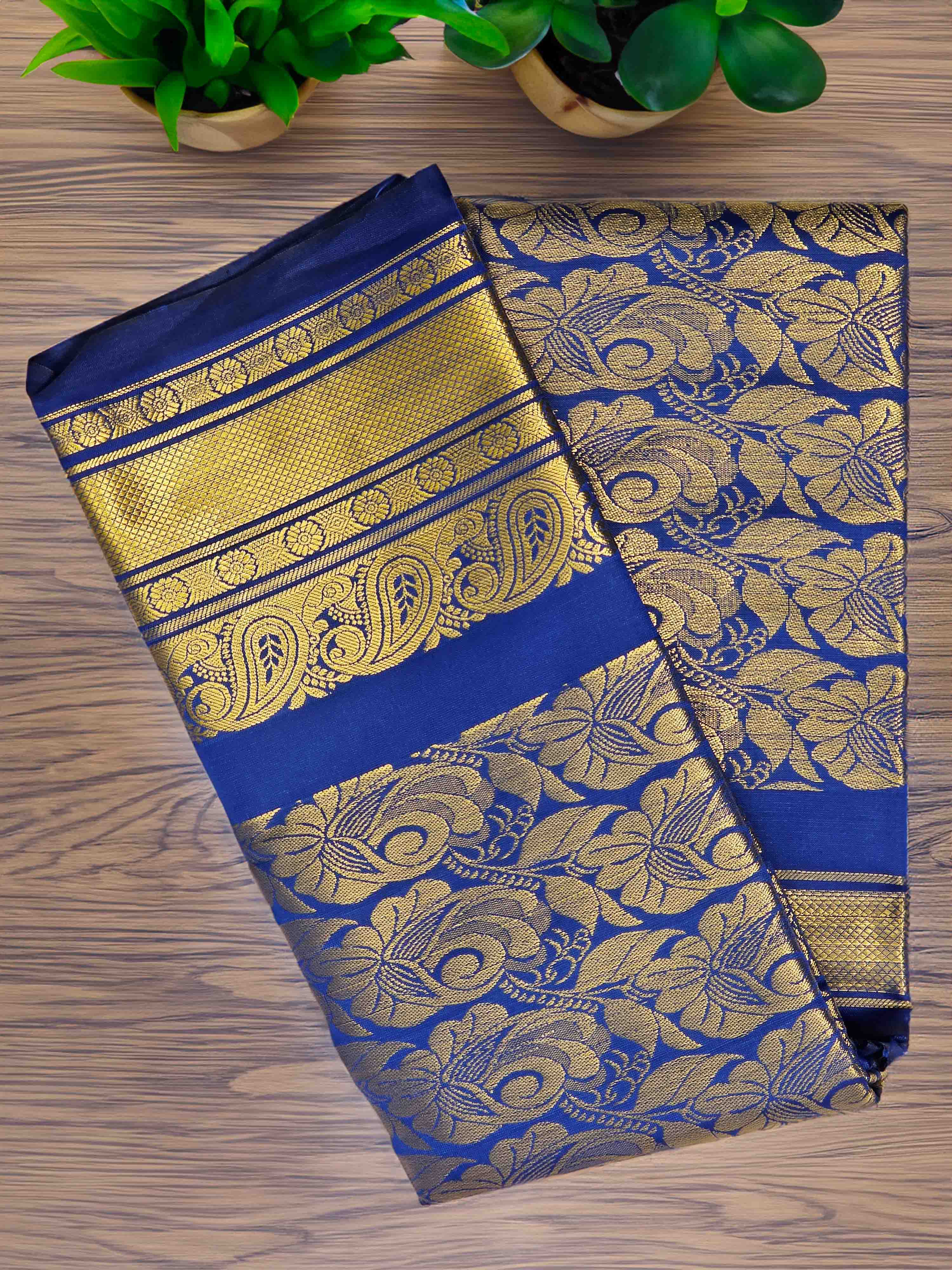 Blue and gold floral pattern saree
