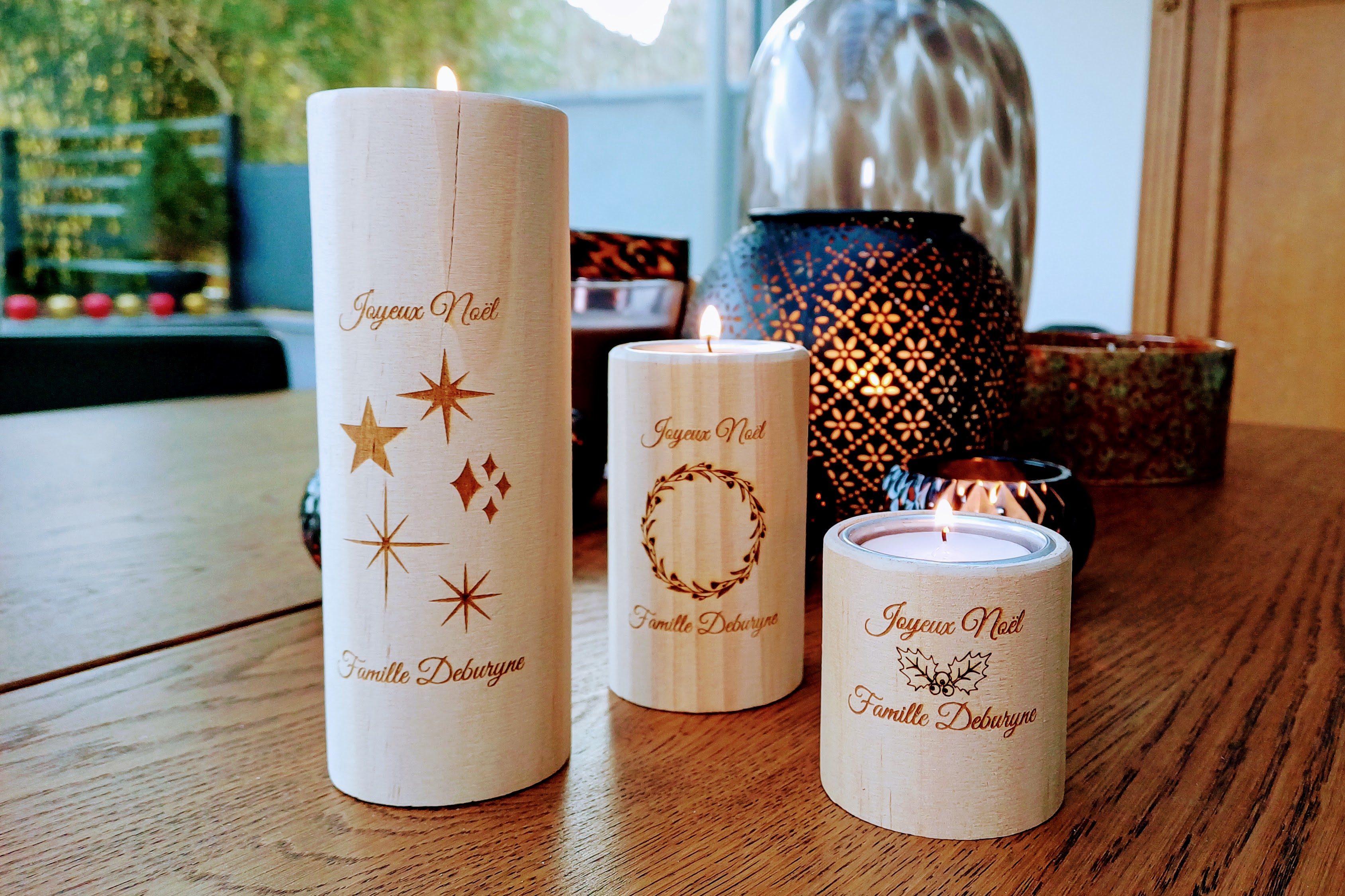 Set de 3 bougeoirs en bois rond