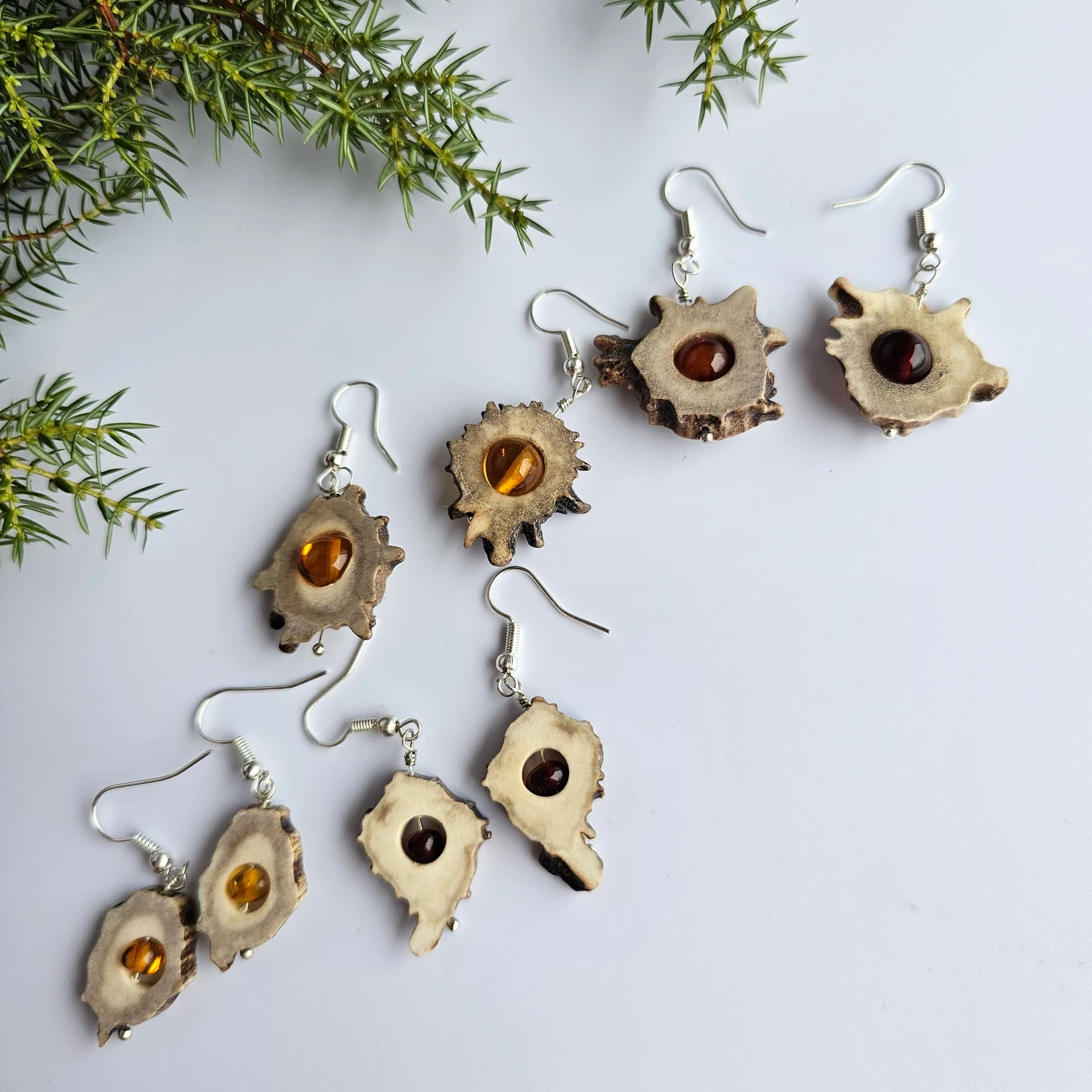 Deer antler earrings with amber