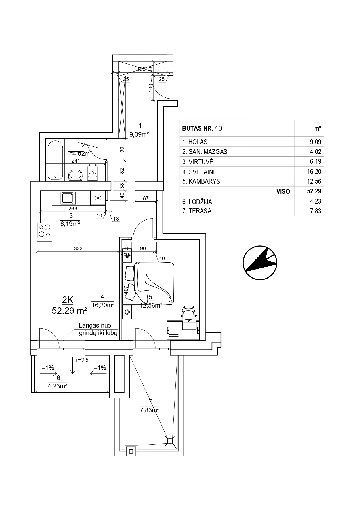 2-jų kambarių butai - 52,29-52,44 kv. m.