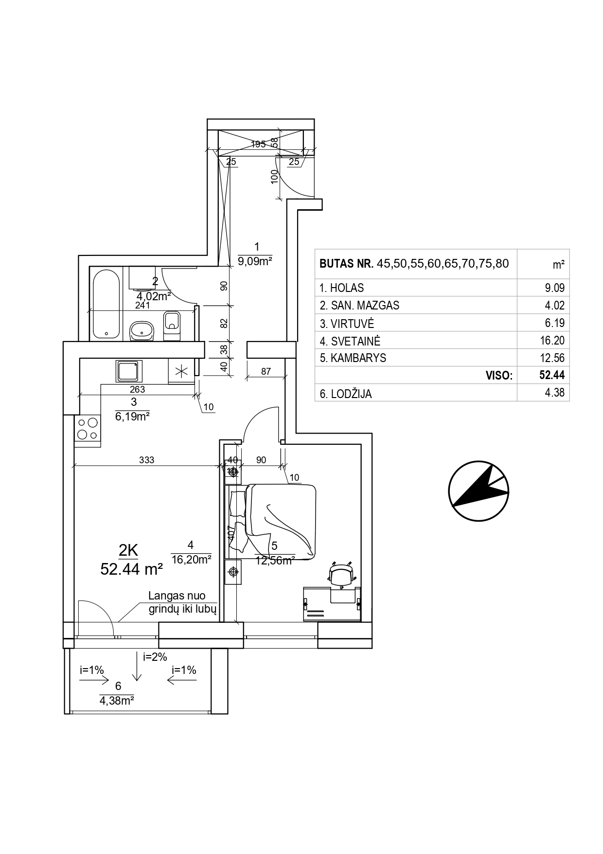 2-jų kambarių butai - 52,29-52,44 kv. m.
