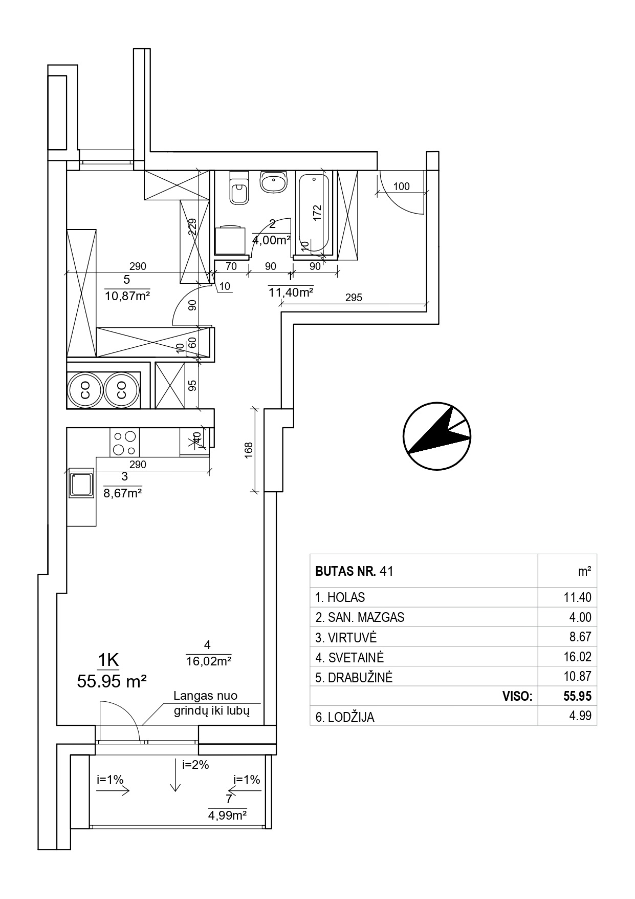 2-jų kambarių butai - 55,80-55,95 kv. m.