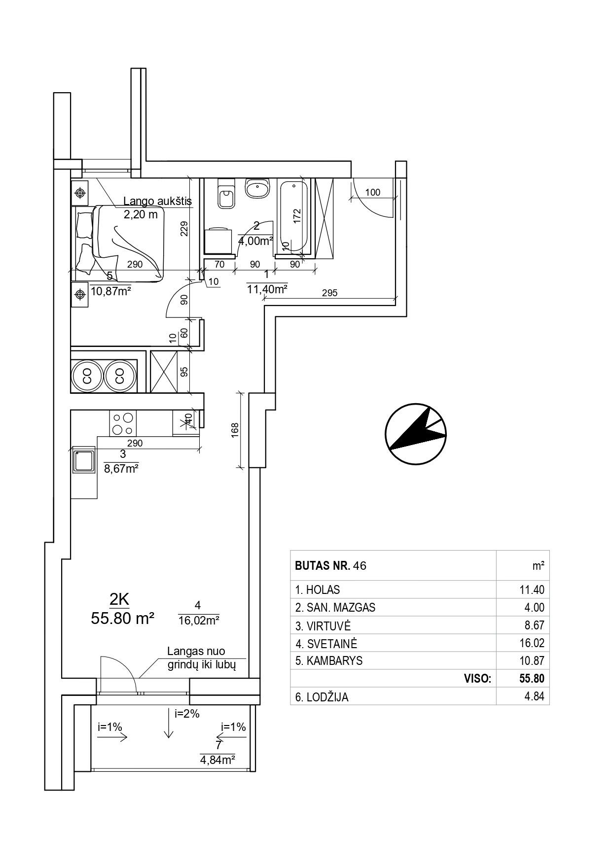 2-jų kambarių butai - 55,80-55,95 kv. m.