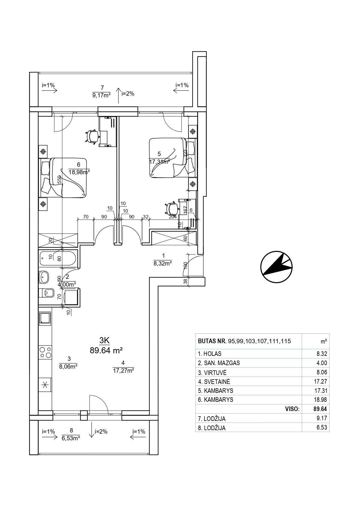 3-4 ių kambarių butai - 80,47-95,62 kv. m.