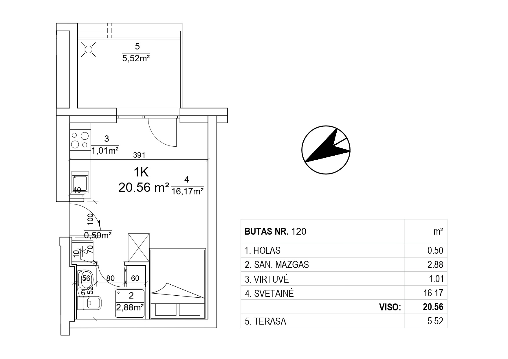 1-o kambario butai - 20,56 - 25,69 kv. m.