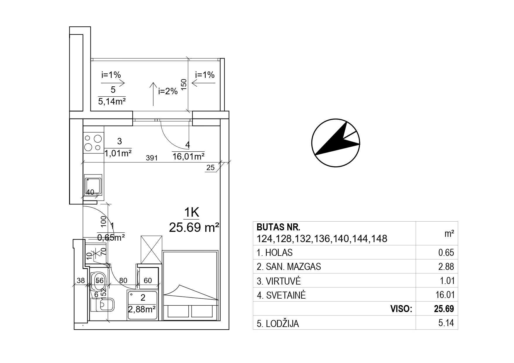 1-o kambario butai - 20,56 - 25,69 kv. m.