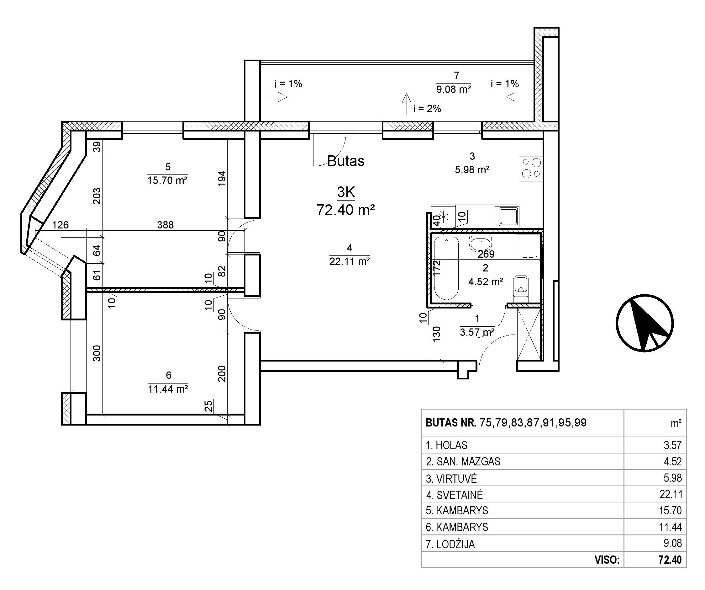 3-jų kambarių nauji butai butai su daline apdaila - 72,00 kv. m.
