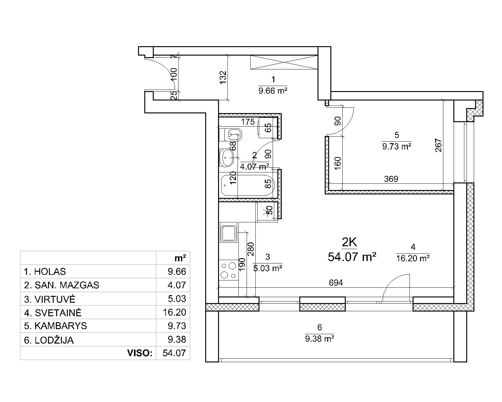 2-jų kambarių naujas butas su pilna apdaila - 54,77 kv. m.