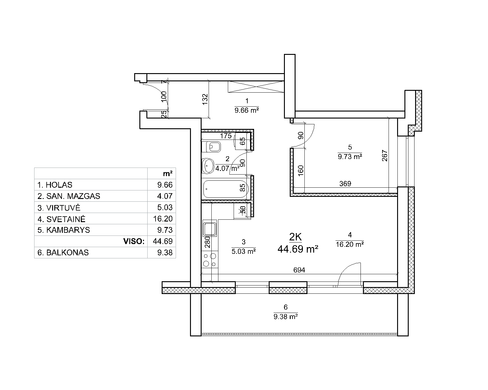 2-jų kambarių naujas butas su pilna apdaila - 45,06 kv. m.