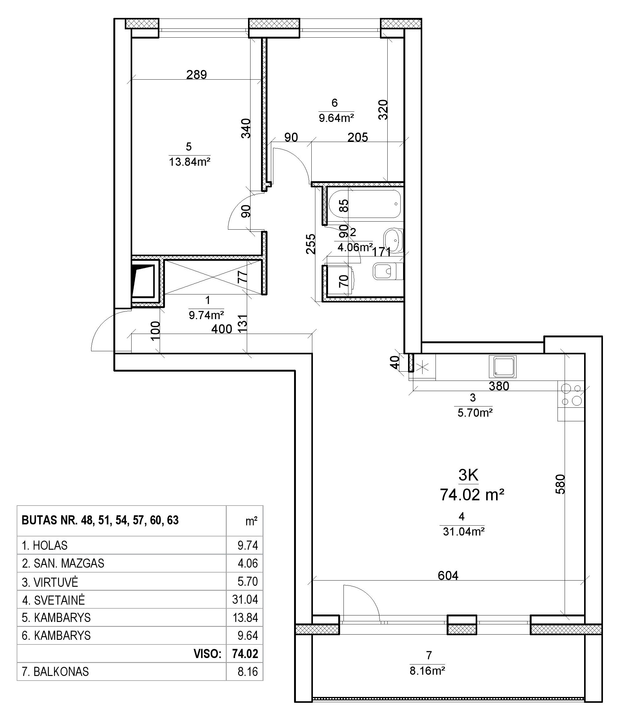 3-jų kambarių butai - 74,00-82,00 kv. m.
