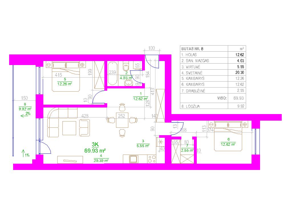 3-jų kambarių butas - 70,00 kv. m. su daline apdaila