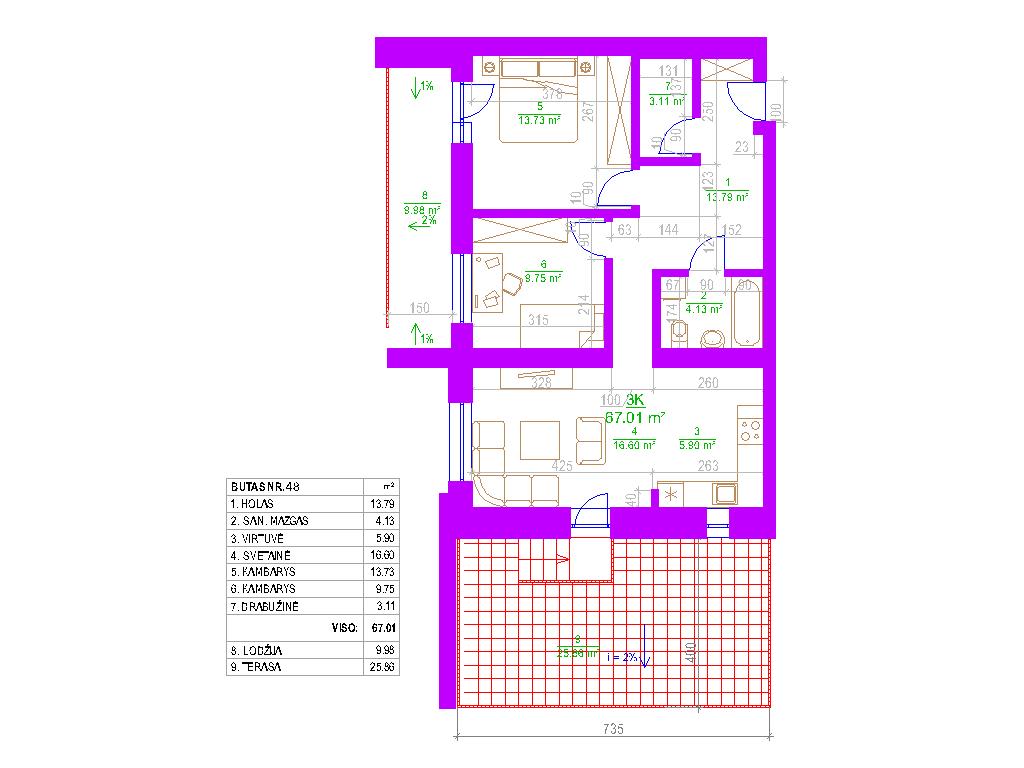 4-ių kambarių butai - 67,00 kv. m.