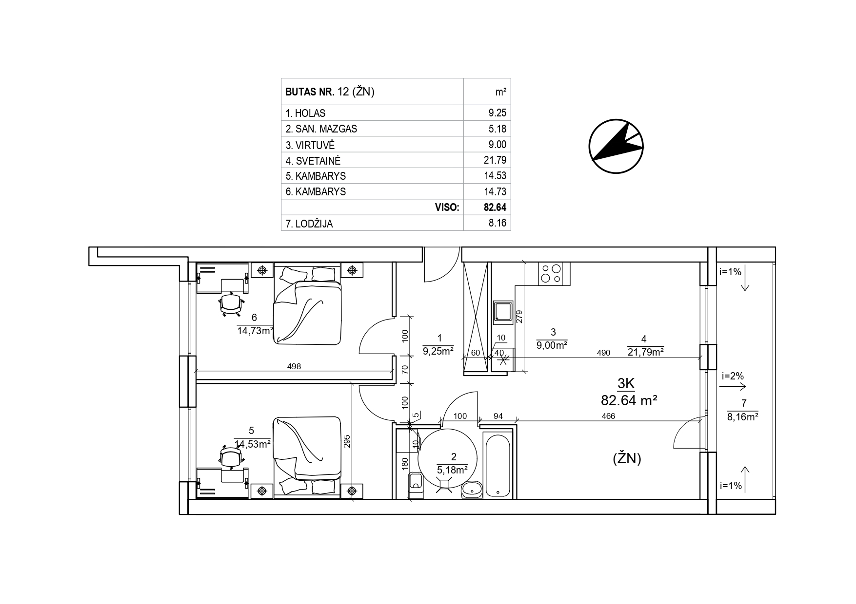 3-jų kambarių butas - 82,64 kv. m.
