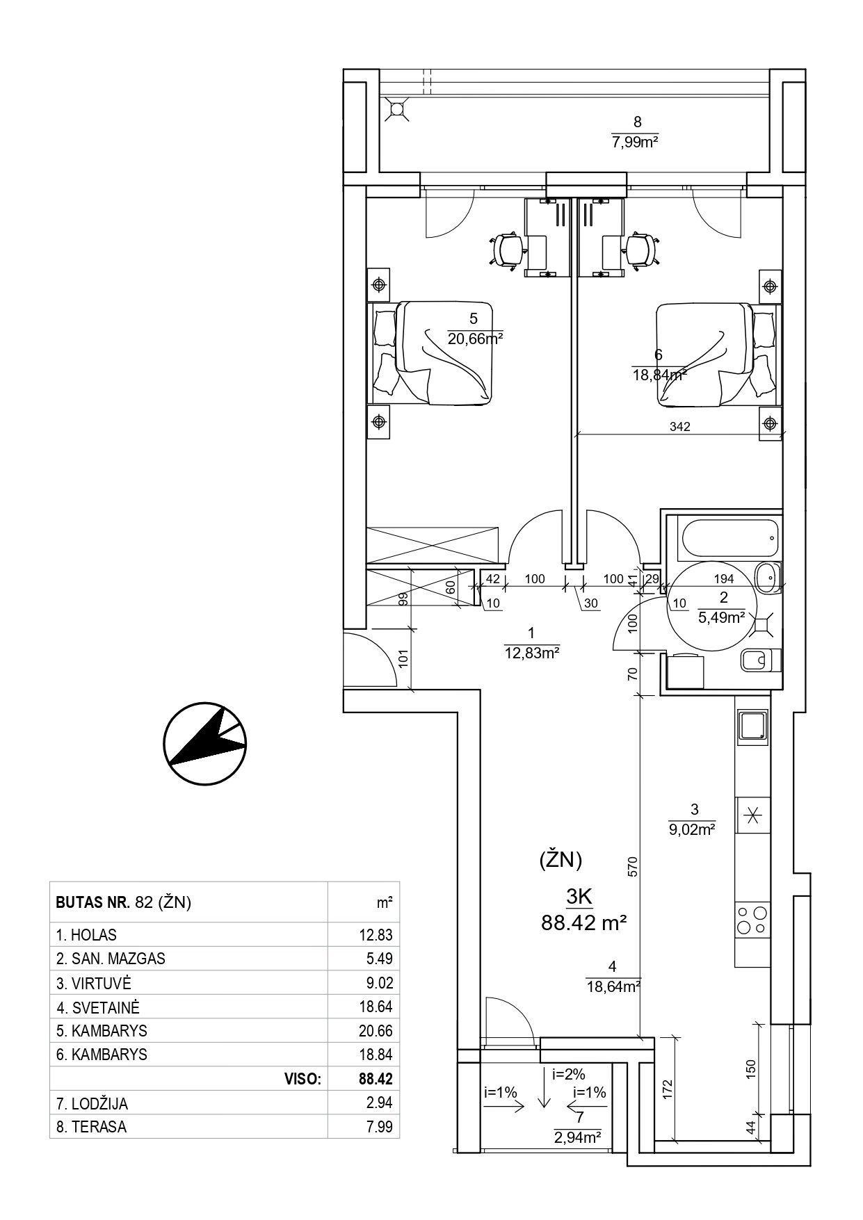3-jų kambarių butai - 88,42 - 97,50 kv. m.