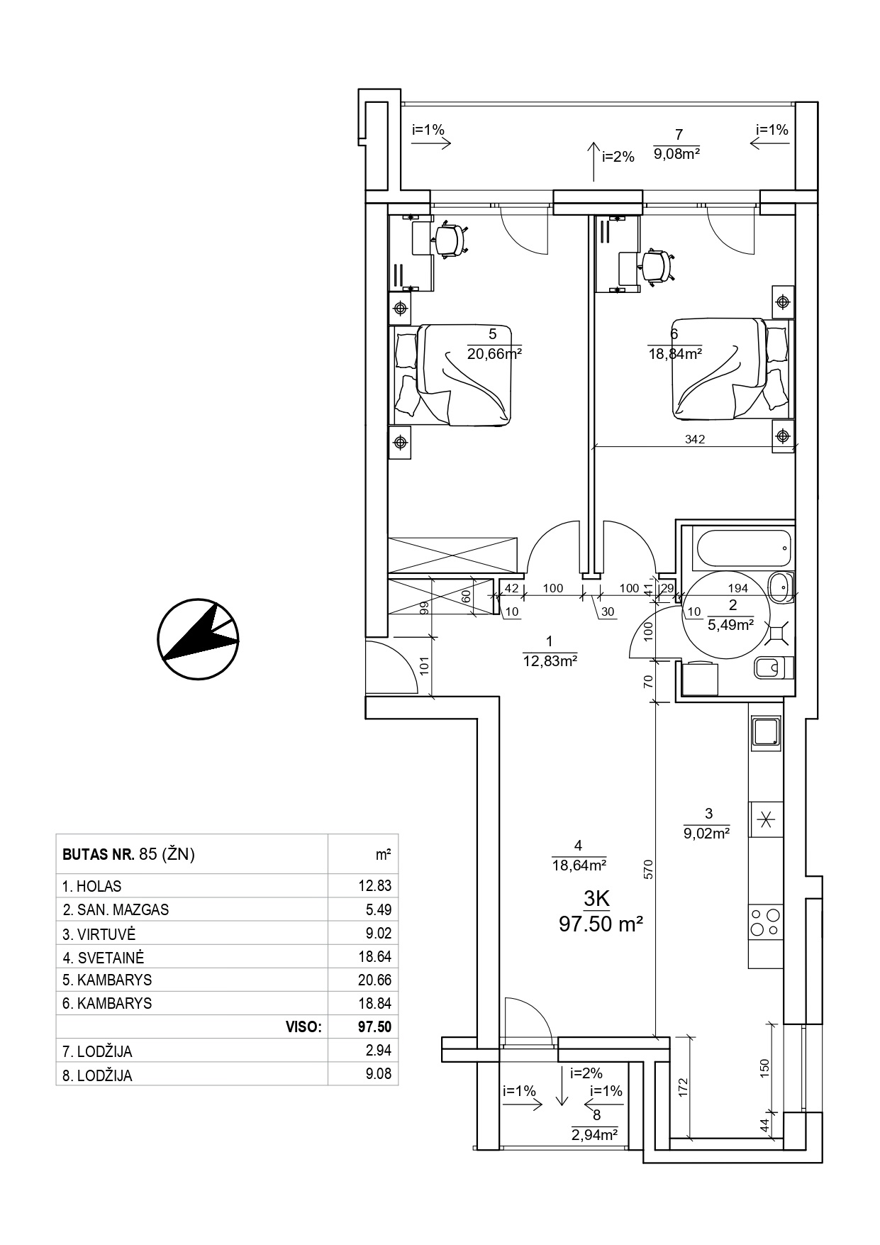 3-jų kambarių butai - 88,42 - 97,50 kv. m.