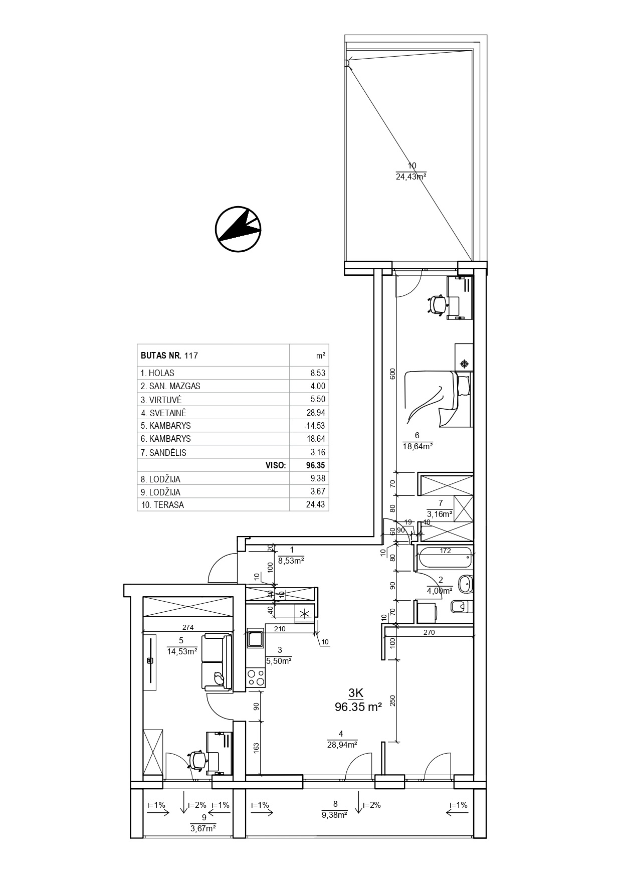 3-ių kambarių butai - 90,18 - 96,35 kv. m.