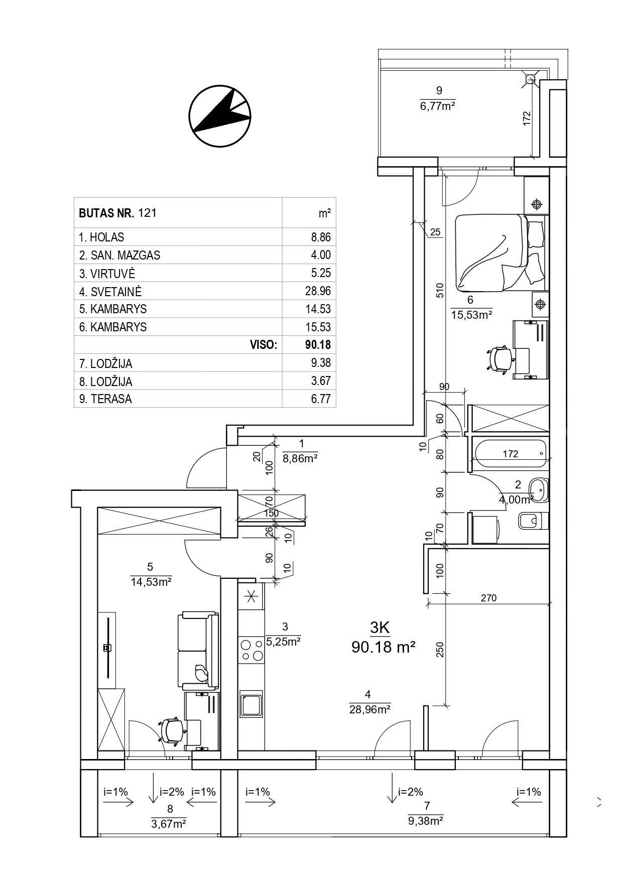 3-ių kambarių butai - 90,18 - 96,35 kv. m.