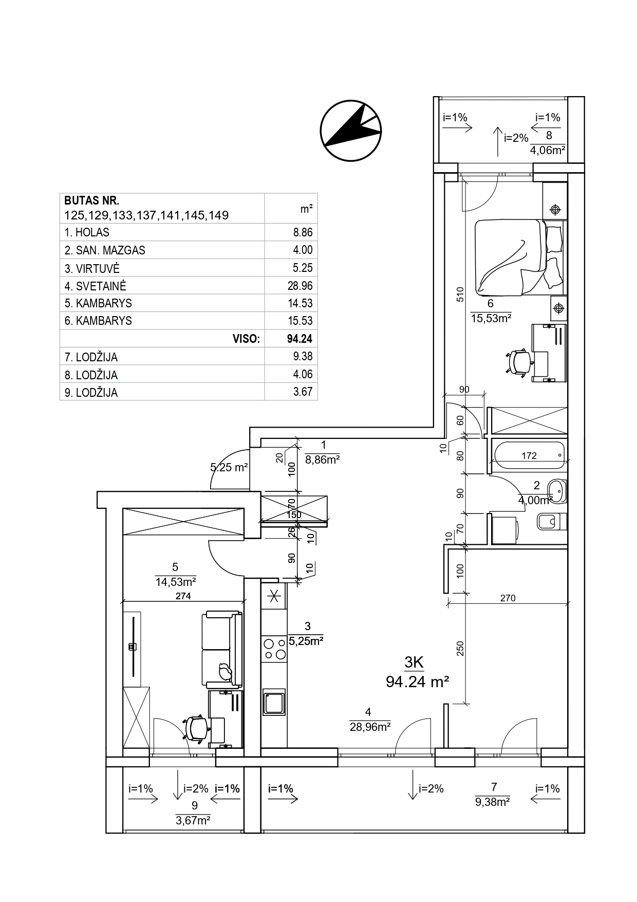 3-ių kambarių butai - 90,18 - 96,35 kv. m.