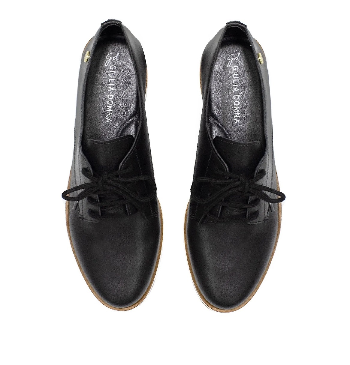 Sapato Oxford em Couro Preto com Bico Redondo Giulia Domna