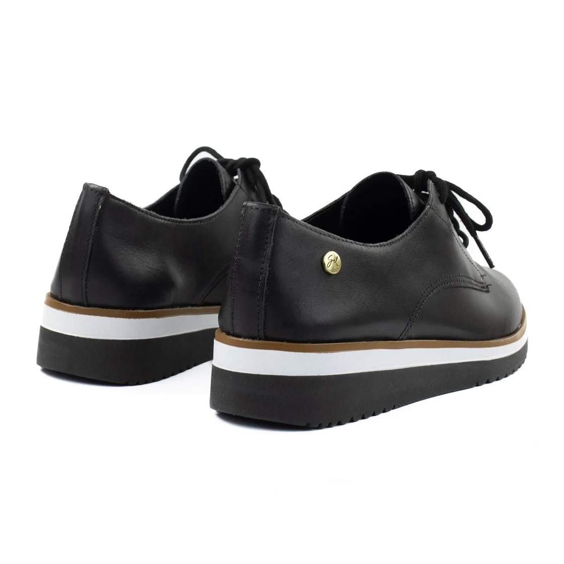 Sapato Oxford em Couro Preto com Bico Redondo Giulia Domna