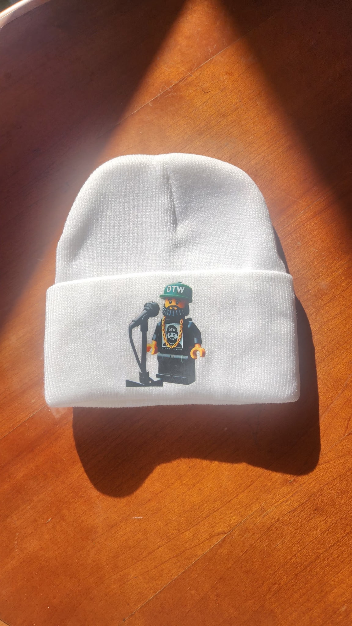 White Beanie with Lego man Patch