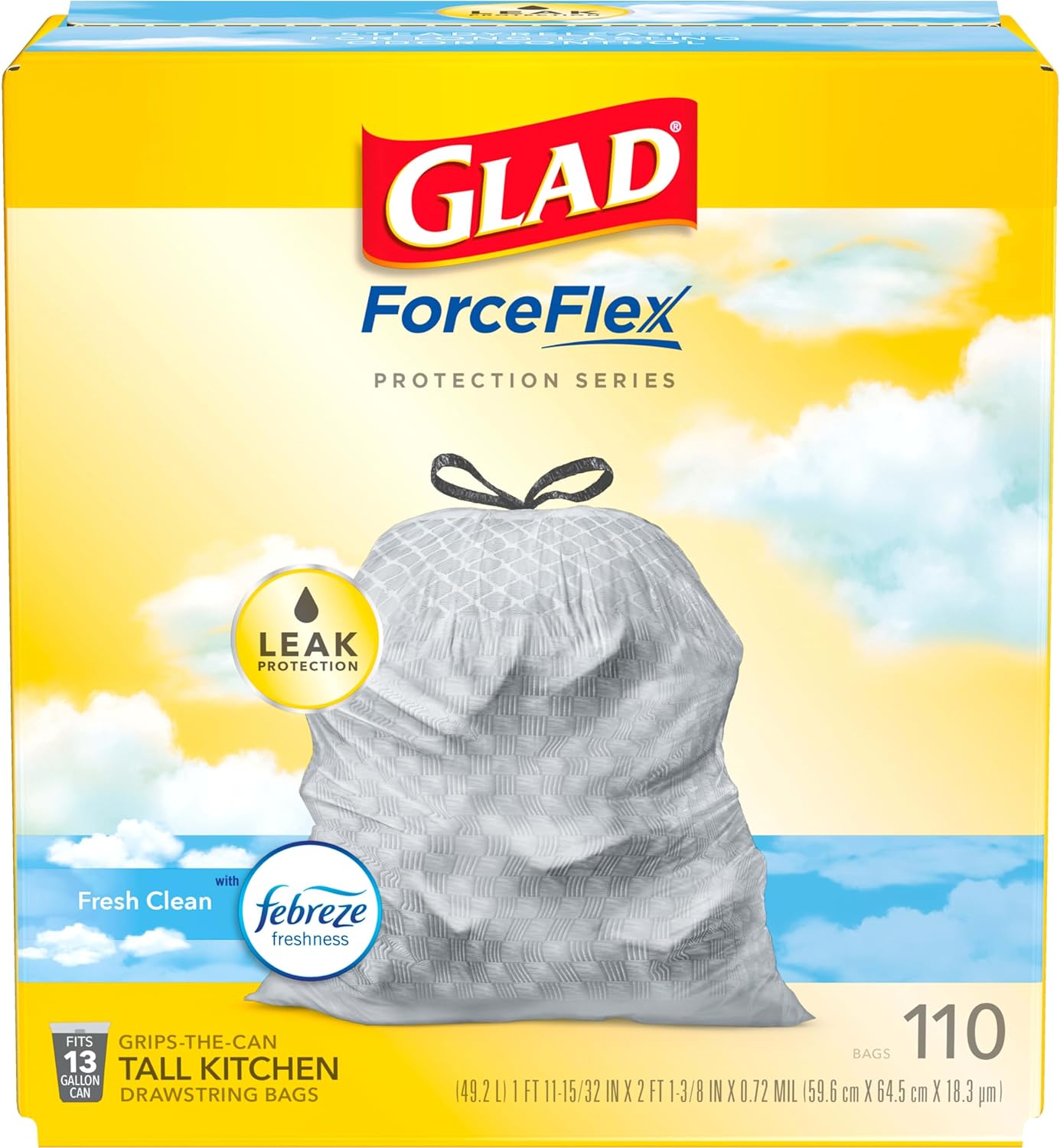 Glad Trash Bags, ForceFlex Tall Kitchen Drawstring Garbage Bags, 13 Gal