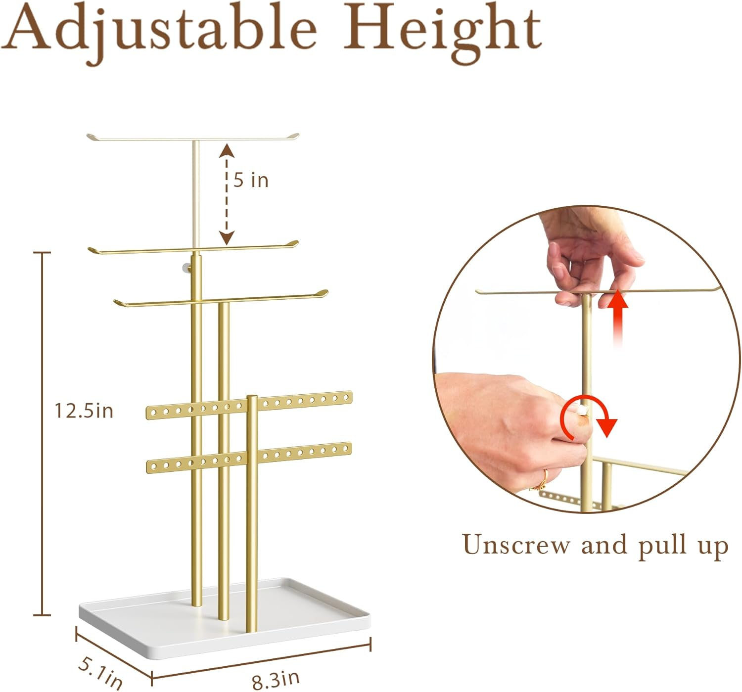 Jewelry Holder Organizer Stand - Adjustable Jewelry Tree 17.5" Height (Max)