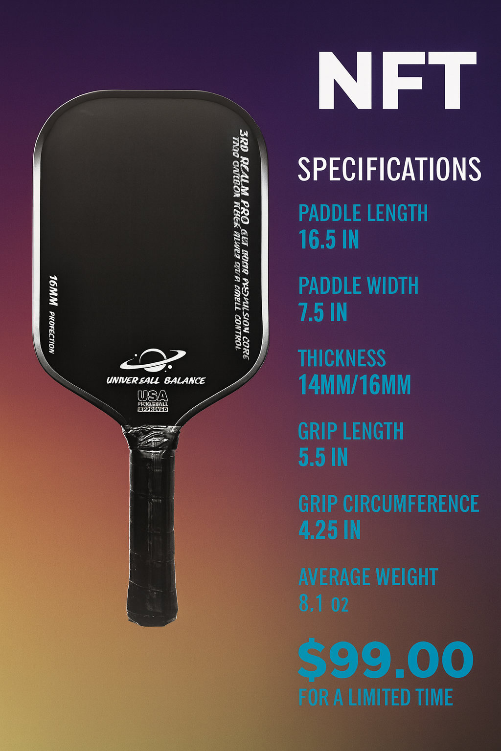 3rd Realm Pro Pickleball Paddle, Gen 4 Propulsion Core USAPA Approved
