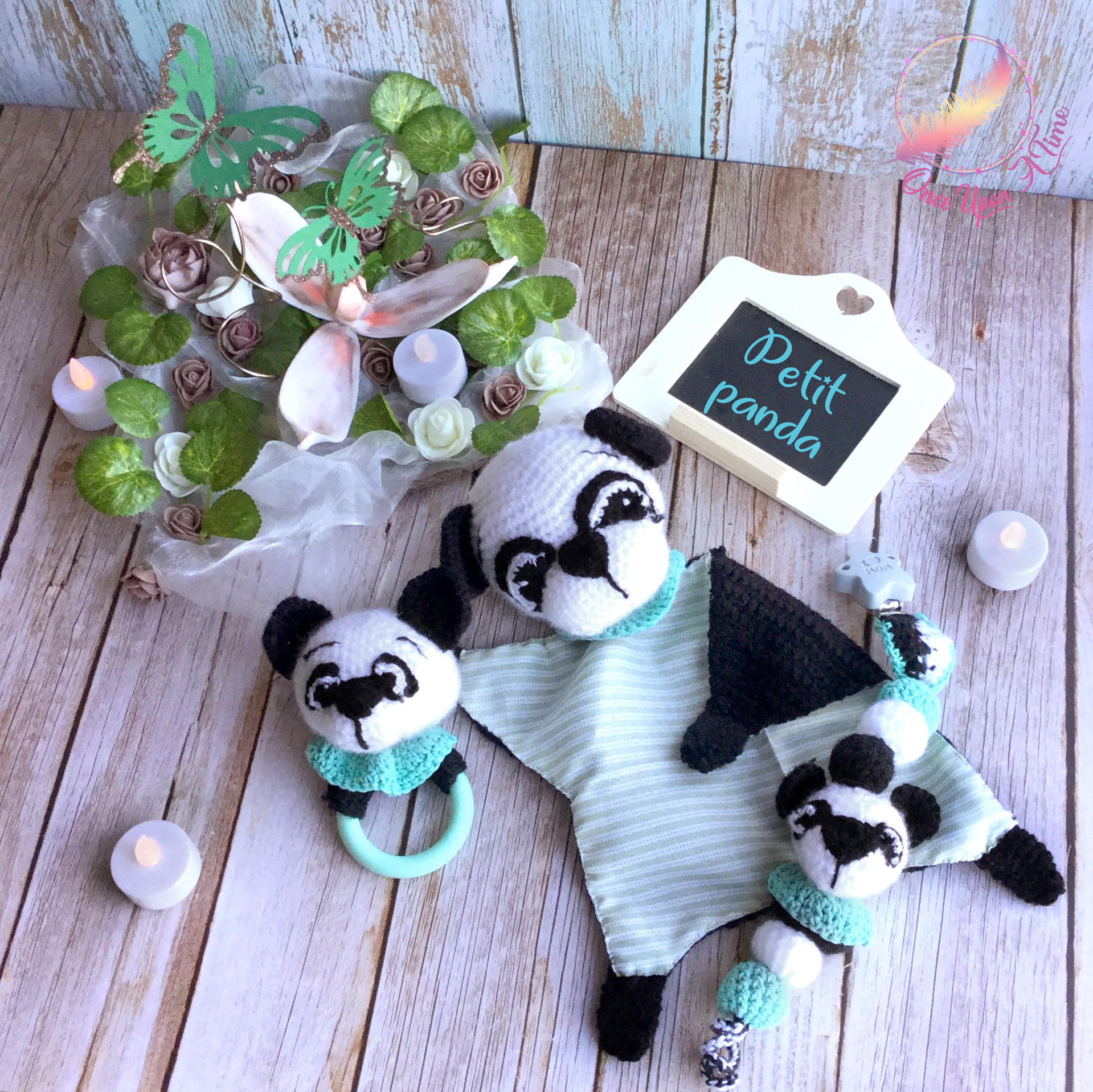 🍼 Doudou, attache-tétine et anneau de dentition - Panda - Personnalisé👶